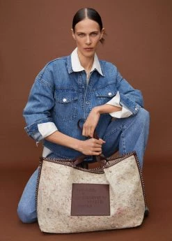 Mango Recycled Fabric Shopper Bag Beige