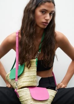 Mango Leather Flap Raffia Bag Fuchsia